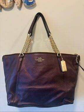 Coach Pebbled Leather Tote in Plum with Gold Chain Handles
